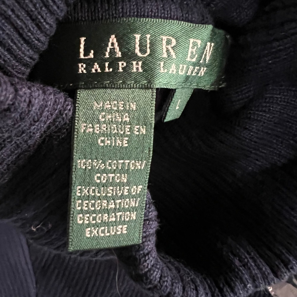 Lauren Ralph Lauren Turtleneck Sweater Women Large Navy Blue Ribbed Cotton Logo - Picture 3 of 8